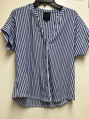 Alex Marie Blue & White Vertical Stripe Short-Sleeve Button Front Top
